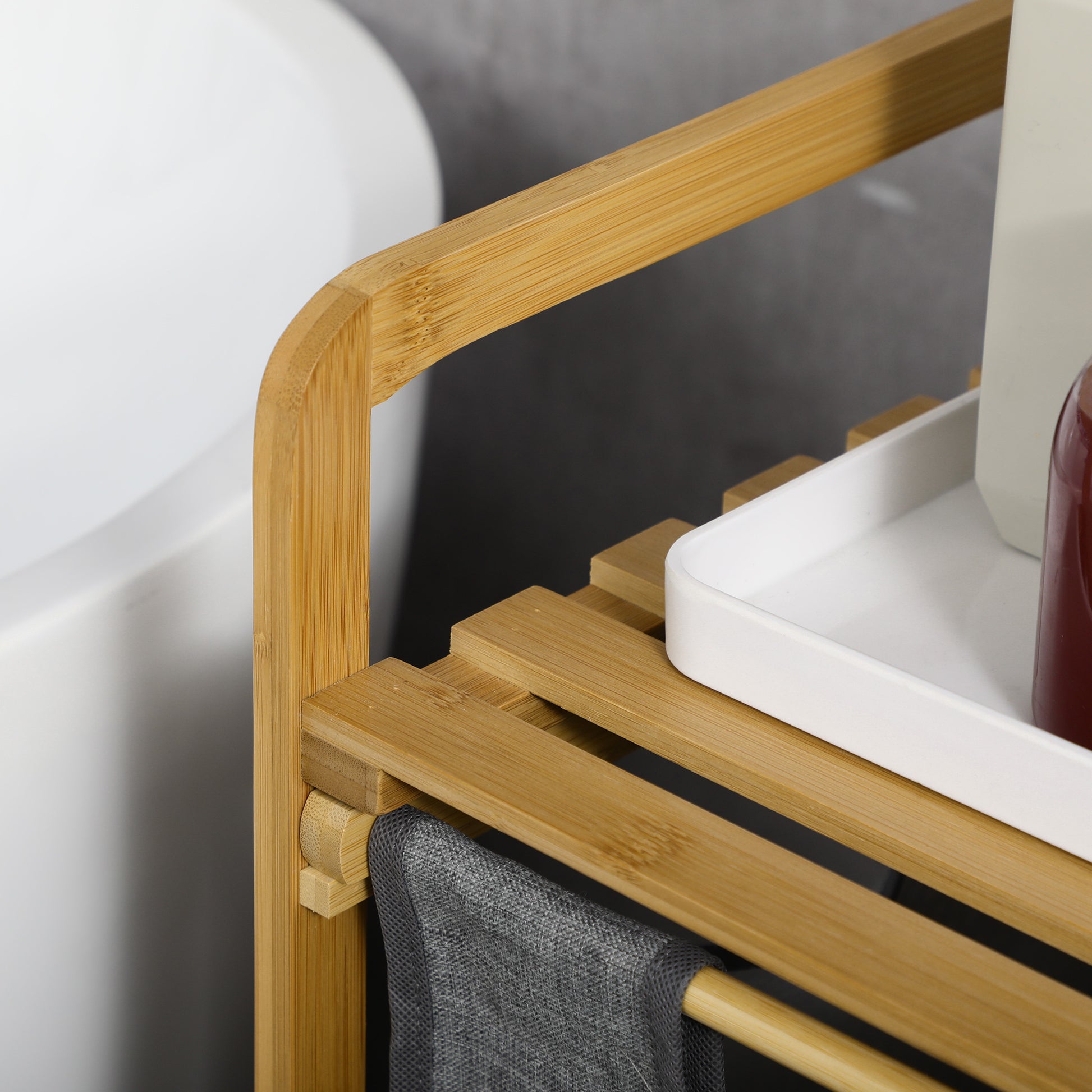 Wäschekorb 2 Fächer, Wäschesammler, Wäschebox, abnehmbaren Wäschesäcken, Wäschekorb Regal, mit Plattform Bambus, Grau Natur, HOMCOM, 8