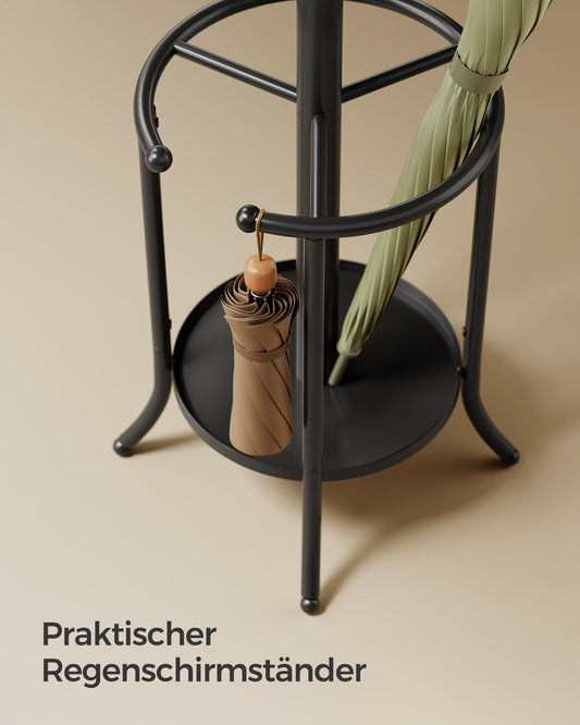 Garderobenständer mit Regenschirmständer, Garderobe Flur, Jackenständer, 12 Haken, Kleiderständer Metall, Schwarz, SONGMICS, 4