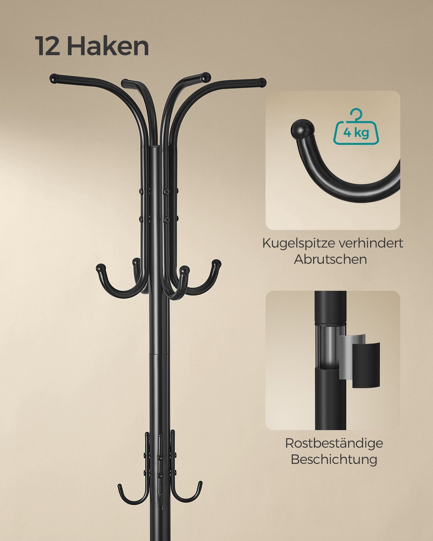 Garderobenständer mit Regenschirmständer, Garderobe Flur, Jackenständer, 12 Haken, Kleiderständer Metall, Schwarz, SONGMICS, 6