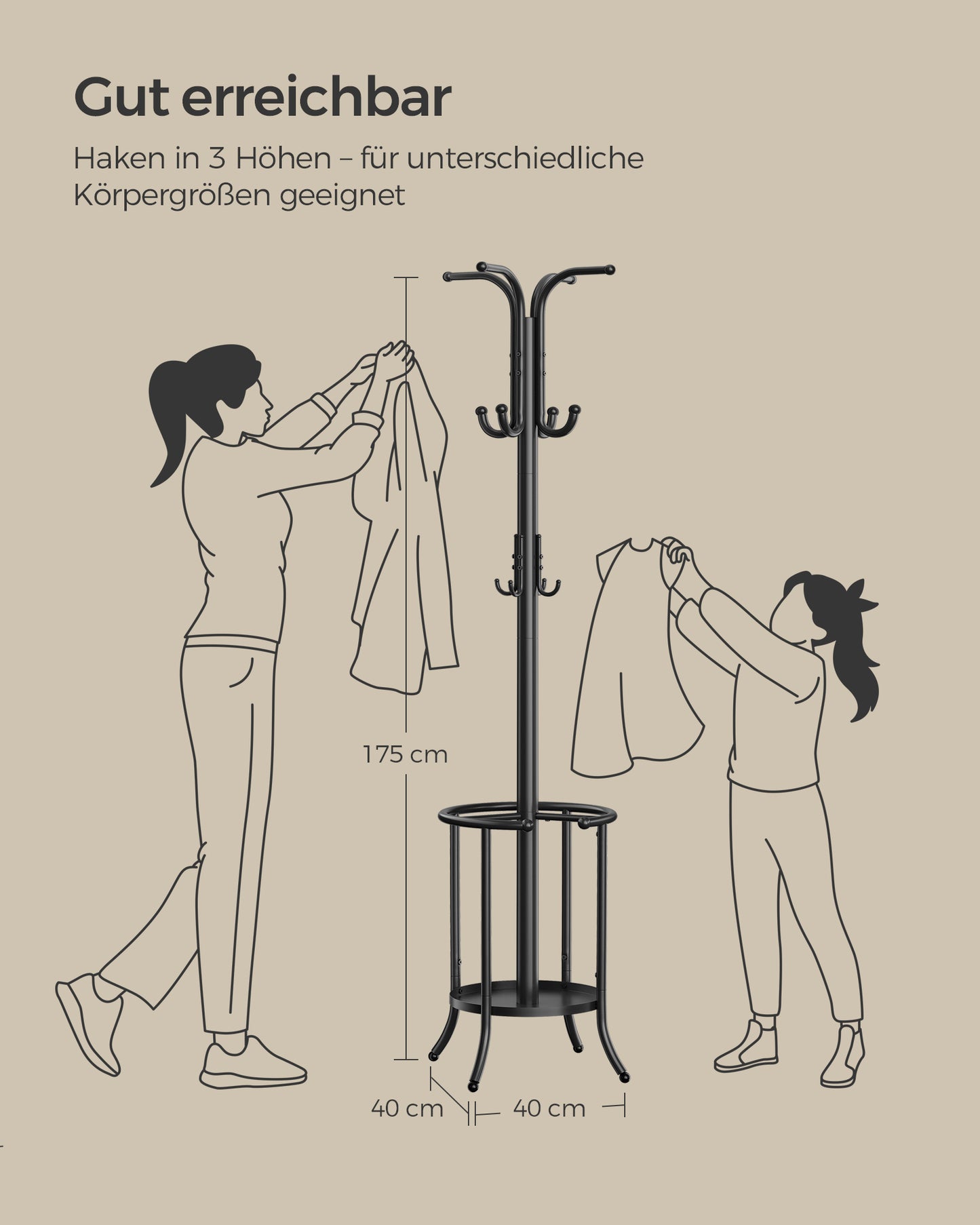 Garderobenständer mit Regenschirmständer, Garderobe Flur, Jackenständer, 12 Haken, Kleiderständer Metall, Schwarz, SONGMICS, 7
