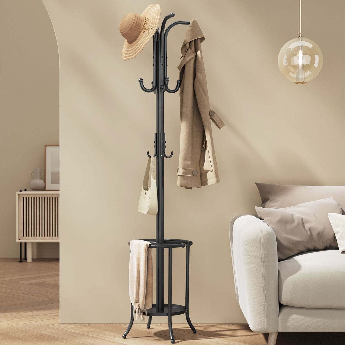 Garderobenständer mit Regenschirmständer, Garderobe Flur, Jackenständer, 12 Haken, Kleiderständer Metall, Schwarz, SONGMICS, 1