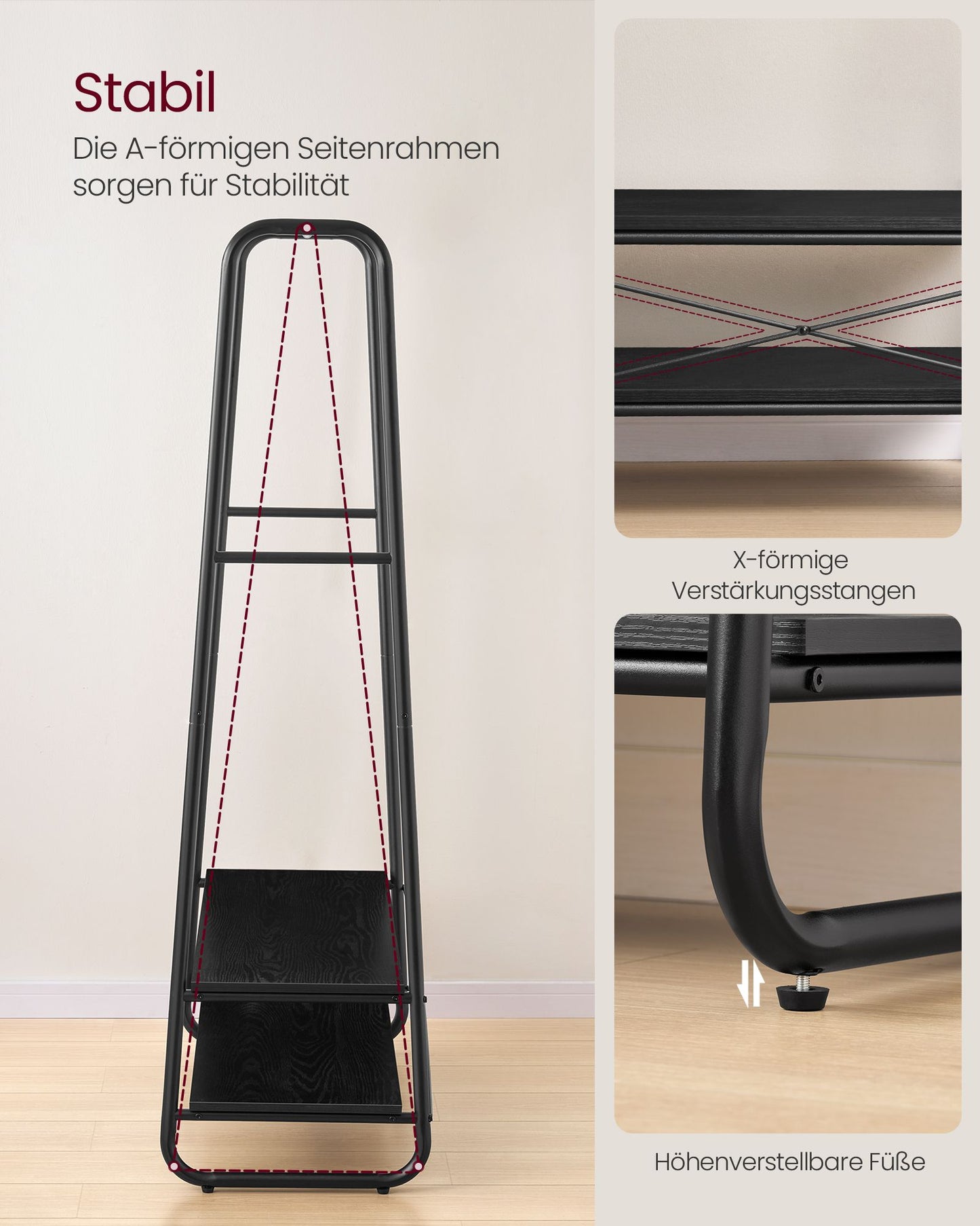 Schwerlast Kleiderständer, bis 190 kg belastbar, Kleiderständer Stabil, Garderobenständer, Garderobe, mit 2 Ablagen, VASAGLE, 5