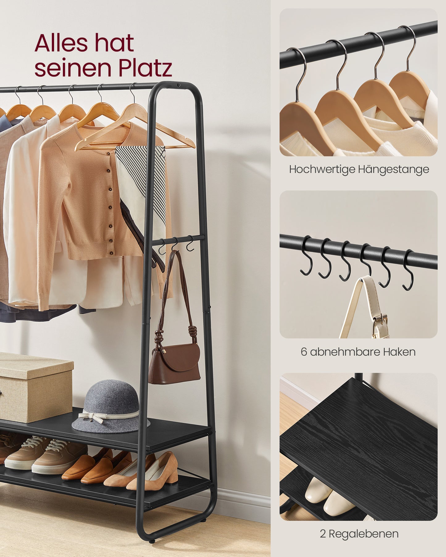 Schwerlast Kleiderständer, bis 190 kg belastbar, Kleiderständer Stabil, Garderobenständer, Garderobe, mit 2 Ablagen, VASAGLE, 6