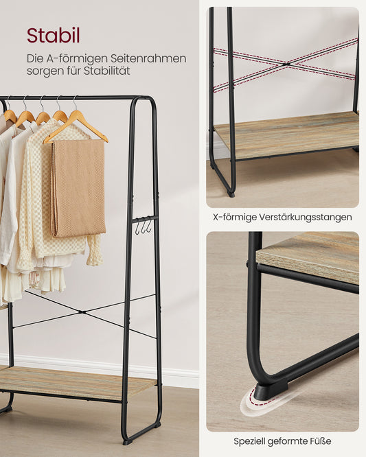 Schwerlast Kleiderständer, bis 220 kg, Garderobenständer, Schuhablage, 5 Regalebenen, 6 Haken, braun-schwarz, VASAGLE, 4