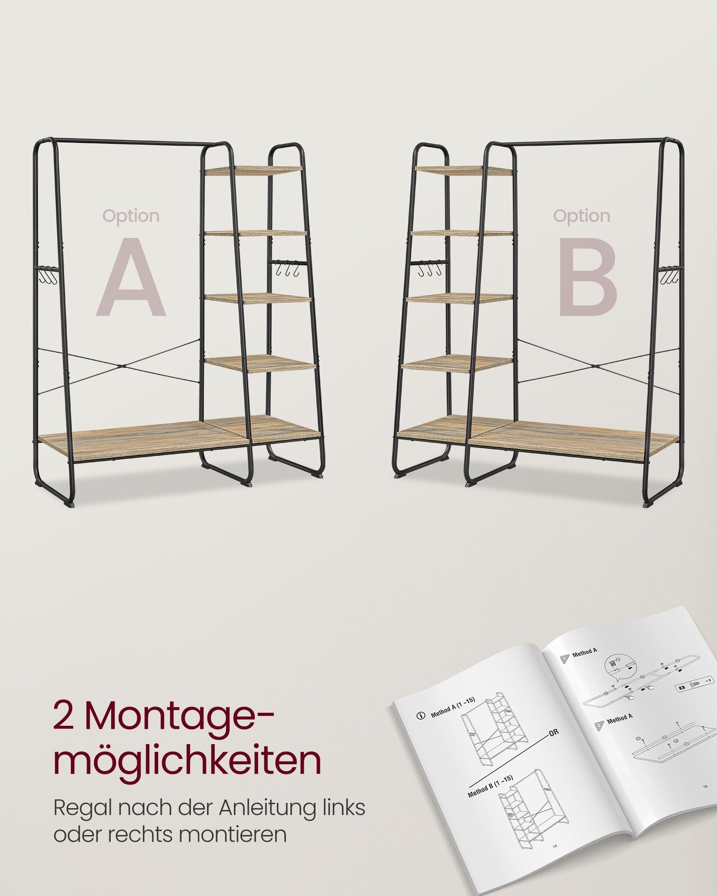 Schwerlast Kleiderständer, bis 220 kg, Garderobenständer, Schuhablage, 5 Regalebenen, 6 Haken, braun-schwarz, VASAGLE, 6