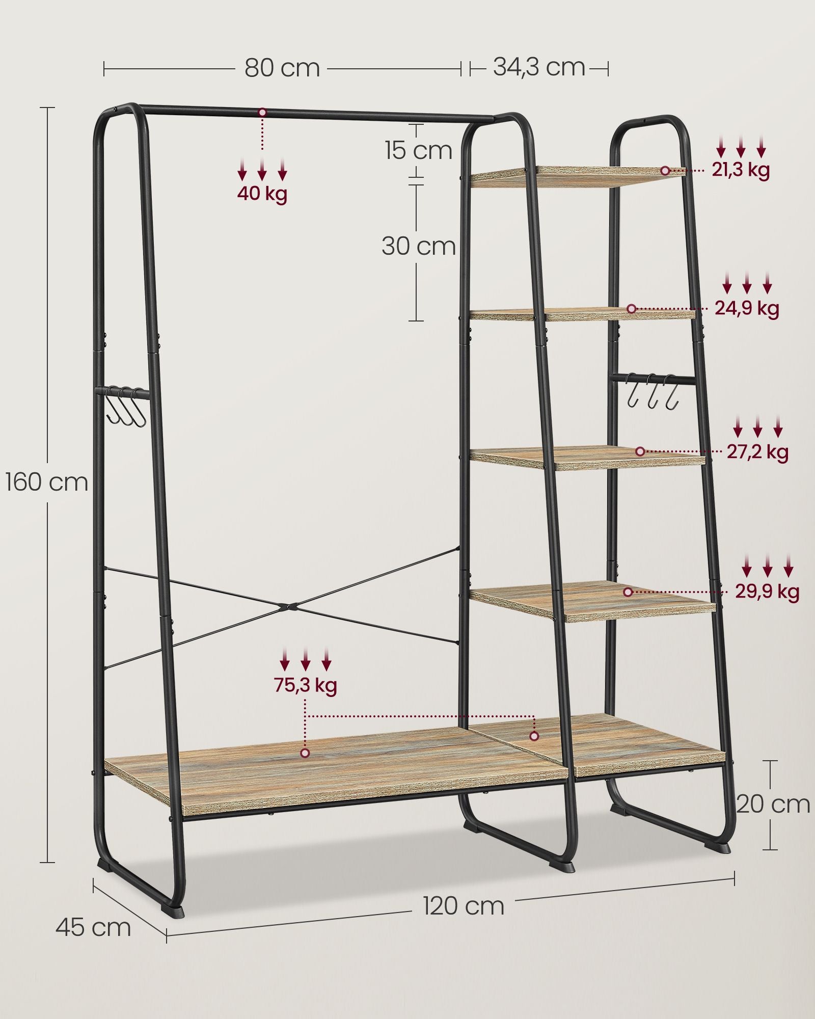 Schwerlast Kleiderständer, bis 220 kg, Garderobenständer, Schuhablage, 5 Regalebenen, 6 Haken, braun-schwarz, VASAGLE, 7