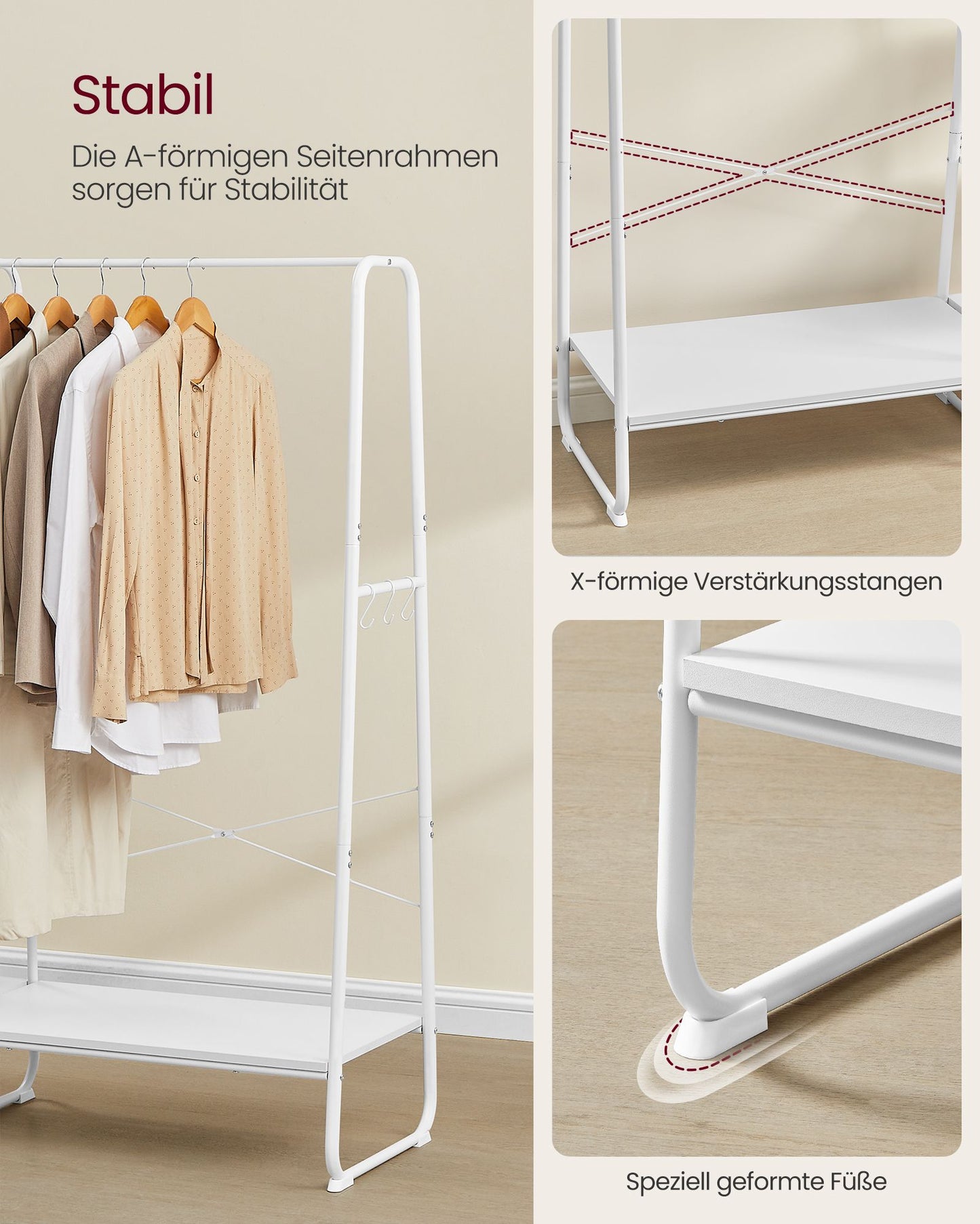 Schwerlast Kleiderständer, bis 220 kg, Garderobenständer, Schuhablage, 5 Regalebenen, 6 Haken, weiß, VASAGLE, 4