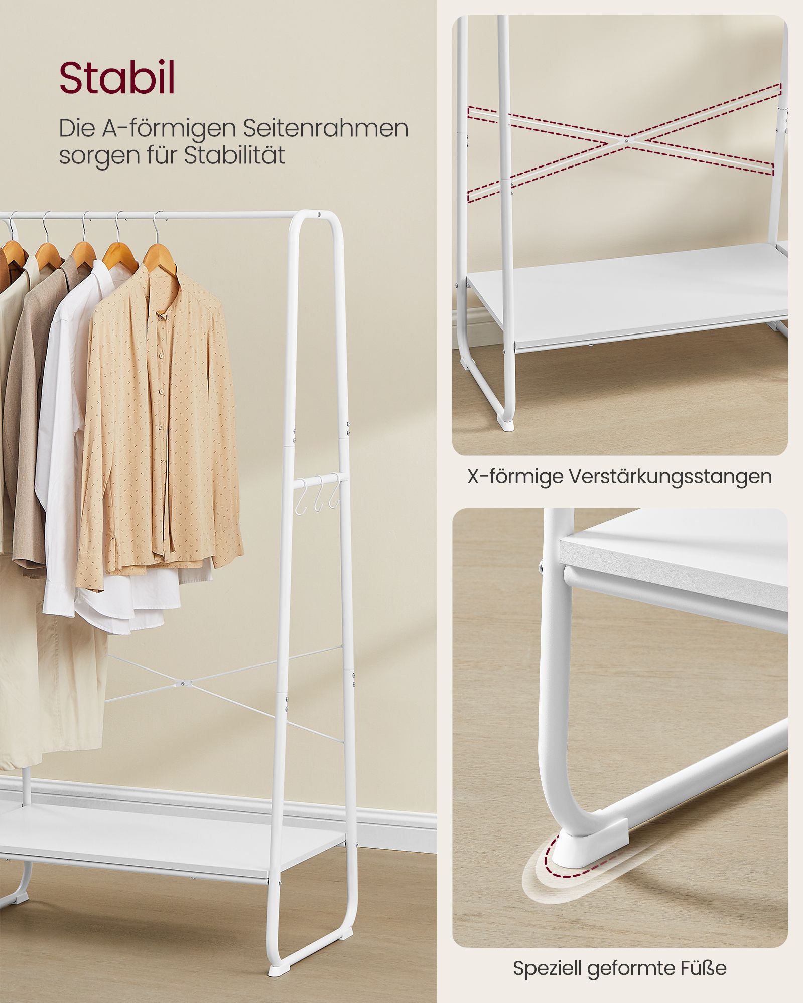 Schwerlast Kleiderständer, bis 220 kg, Garderobenständer, Schuhablage, 5 Regalebenen, 6 Haken, weiß, VASAGLE, 4