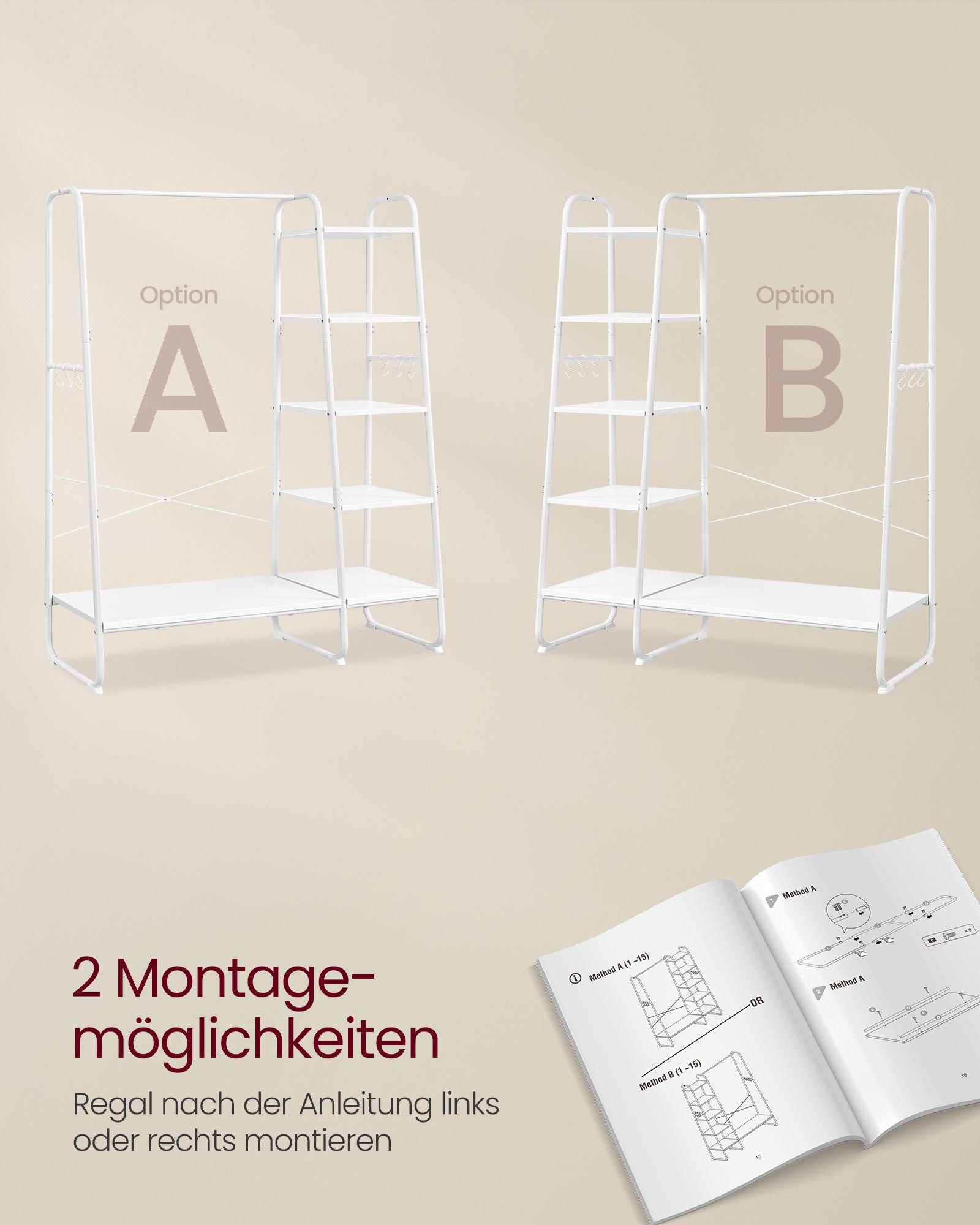 Schwerlast Kleiderständer, bis 220 kg, Garderobenständer, Schuhablage, 5 Regalebenen, 6 Haken, weiß, VASAGLE, 6