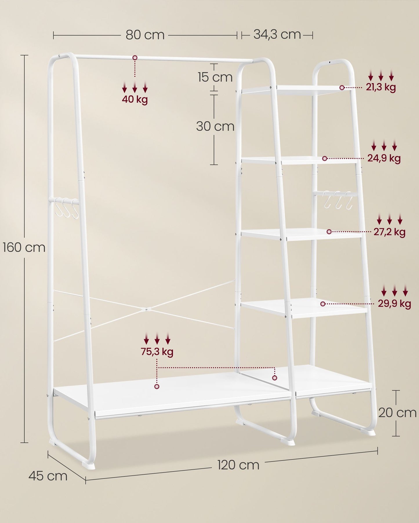 Schwerlast Kleiderständer, bis 220 kg, Garderobenständer, Schuhablage, 5 Regalebenen, 6 Haken, weiß, VASAGLE, 7