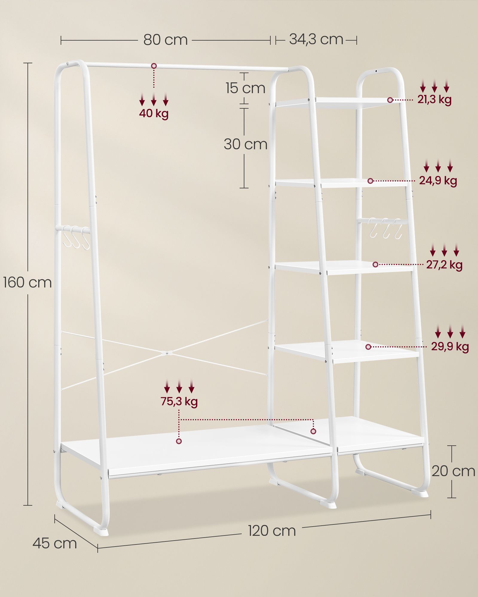 Schwerlast Kleiderständer, bis 220 kg, Garderobenständer, Schuhablage, 5 Regalebenen, 6 Haken, weiß, VASAGLE, 7
