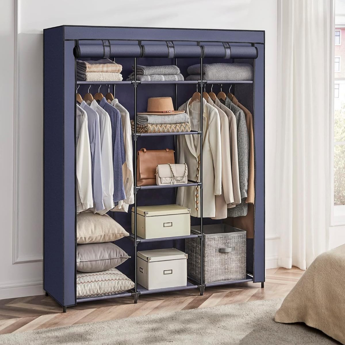 Stoffschrank, großer, XXL, Faltschrank, mit 2 Kleiderstange, Stoffkleiderschrank, 175x150x45 cm, Dunkelblau, SONGMICS, 1