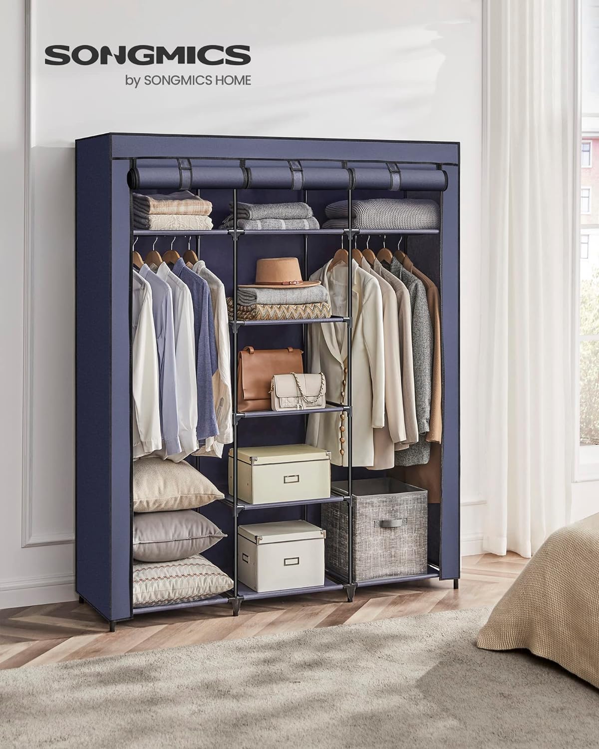 Stoffschrank, großer, XXL, Faltschrank, mit 2 Kleiderstange, Stoffkleiderschrank, 175x150x45 cm, Dunkelblau, SONGMICS, 3
