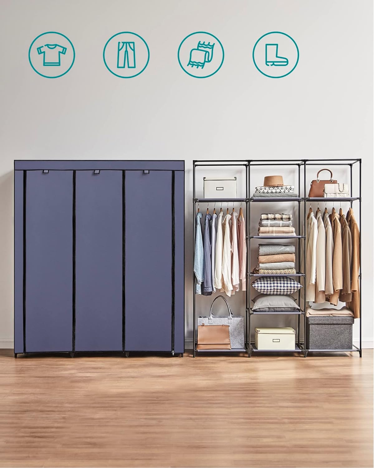 Stoffschrank, großer, XXL, Faltschrank, mit 2 Kleiderstange, Stoffkleiderschrank, 175x150x45 cm, Dunkelblau, SONGMICS, 4