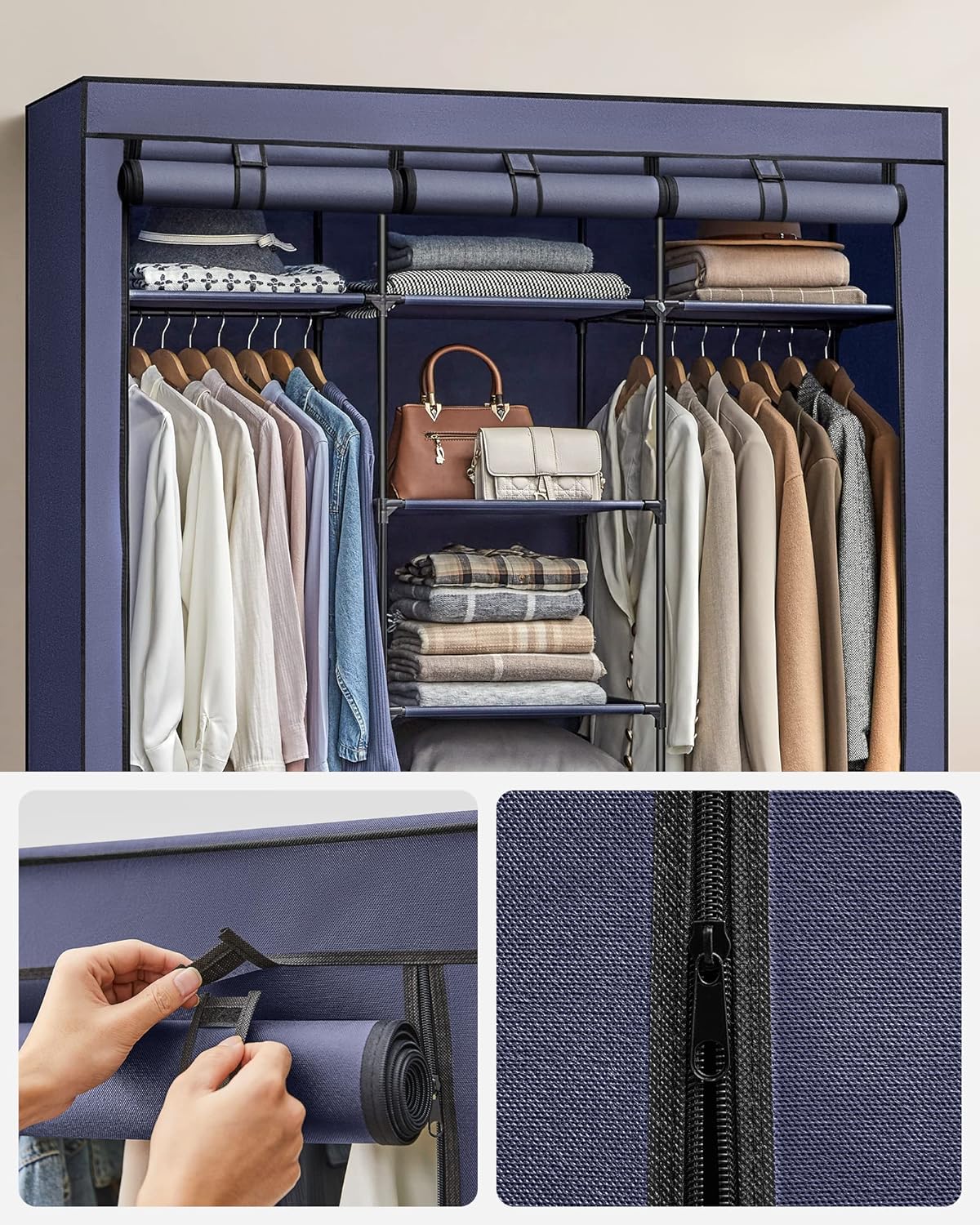 Stoffschrank, großer, XXL, Faltschrank, mit 2 Kleiderstange, Stoffkleiderschrank, 175x150x45 cm, Dunkelblau, SONGMICS, 8