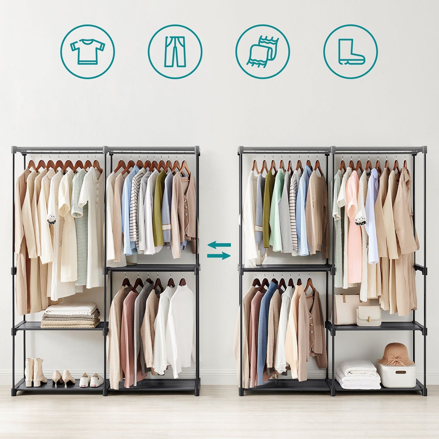 Offener Kleiderschrank, Kleiderschrank, Offener Schrank, Garderobe mit ablage,  Stoffablagen, Metallrahmen, Schwarz, SONGMICS, 4