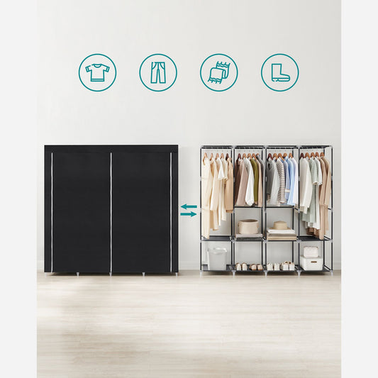 Stoffschrank, XXL Kleiderschrank, 45x170x167cm, Faltschrank, 4 Hängefächer, mit Ablagen, 4 Seitentaschen, Schwarz, SONGMICS, 4