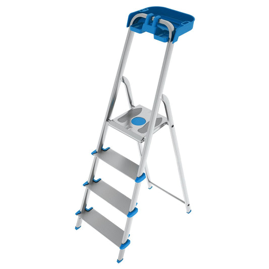 Trittleiter 4 Stufen, Klappleiter Alu, Extragroßer Stufe 12cm, Stufenleiter, mit Ablageschale, Max. Belastbar 150kg, Aluminium, Colombo ATLANTICA - Trittleiter 4 Stufen, 1