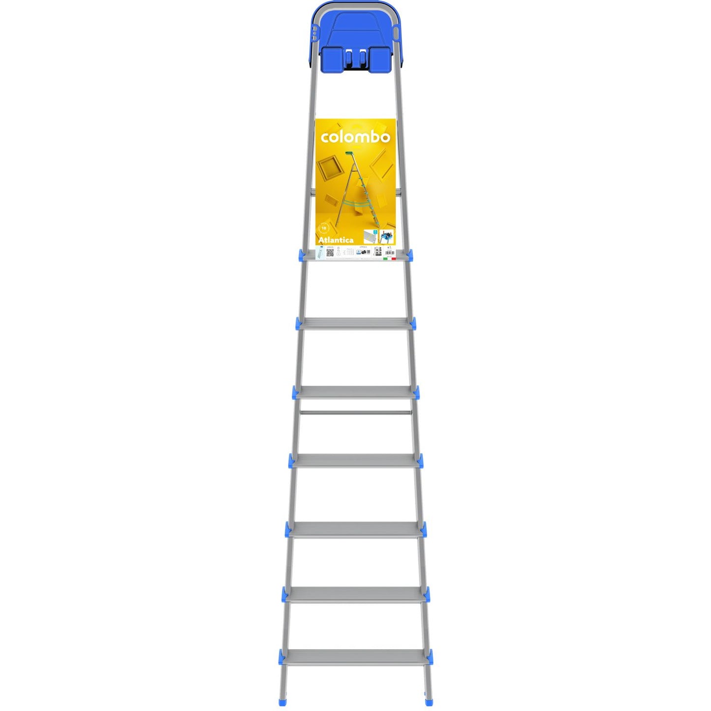 Trittleiter 8 Stufen, Klappleiter Alu, Extragroßer Stufe 12cm, Stufenleiter, mit Ablageschale, Max. Belastbar 150kg, Aluminium, Colombo ATLANTICA - Trittleiter 8 Stufen, 6