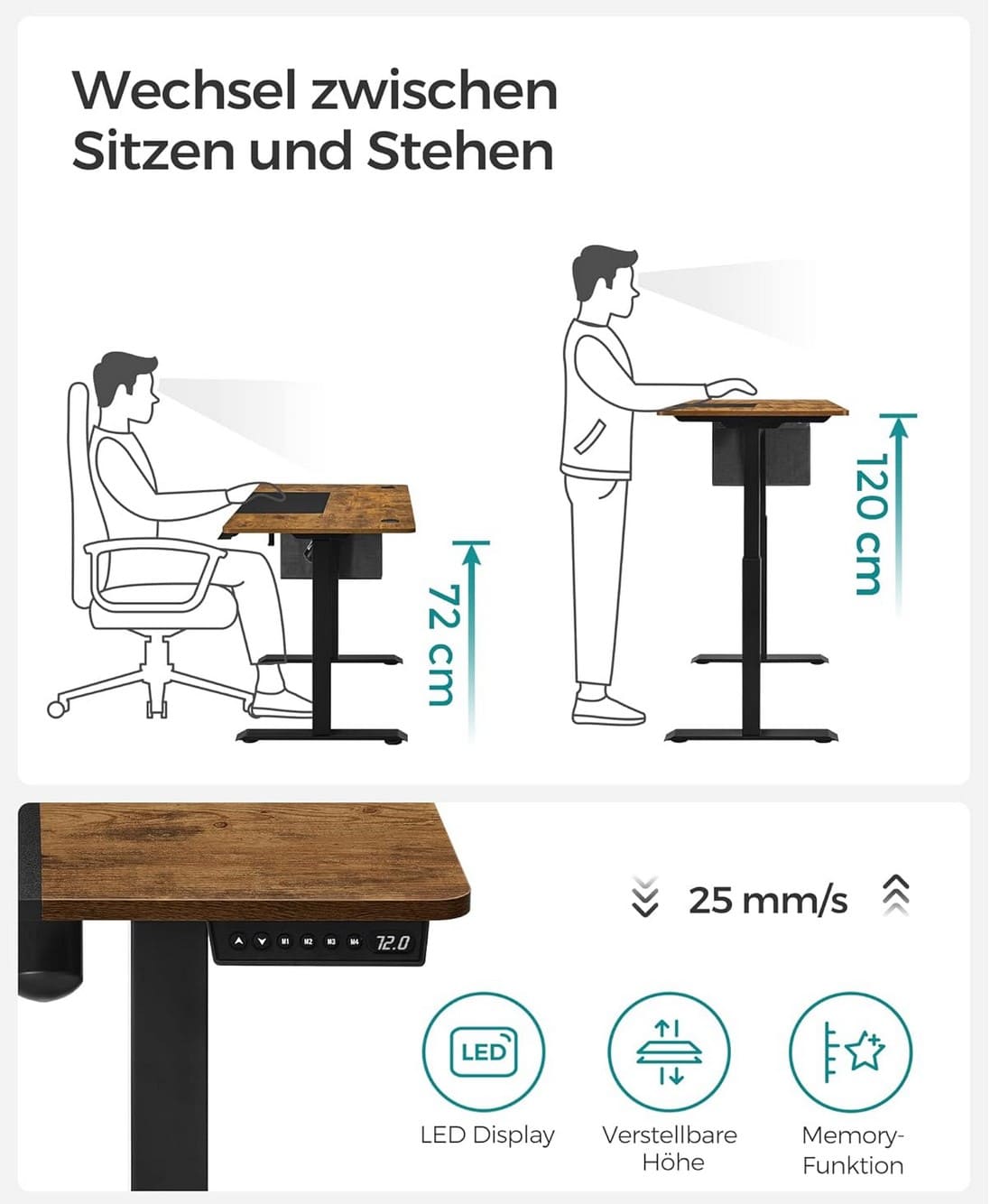 Schreibtisch, Schreibtisch Höhenverstellbar, Höhenverstellbarer Schreibtisch Elektrisch, Gaming Schreibtisch, Songmics, 14