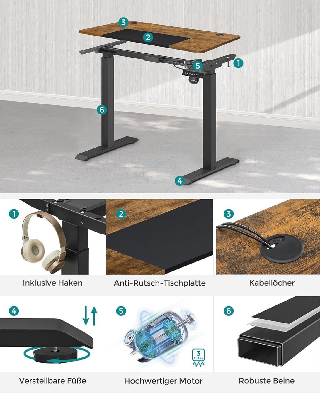 Schreibtisch, Schreibtisch Höhenverstellbar, Höhenverstellbarer Schreibtisch Elektrisch, Gaming Schreibtisch, Songmics, 11