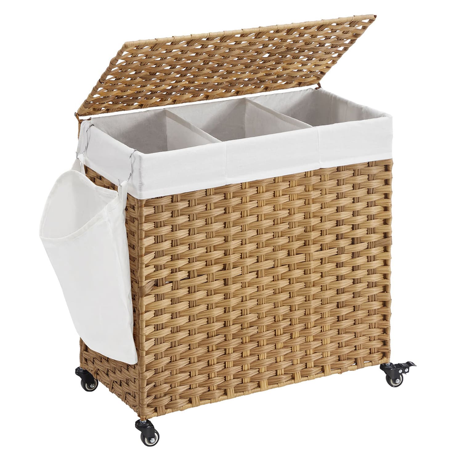 Wäschekorb, Wäschesammler, auf Rollen, Wäschesammler 3 Fächern, 140 L, aus Polyrattan, Wäschesack, Deckel, SONGMICS, 1