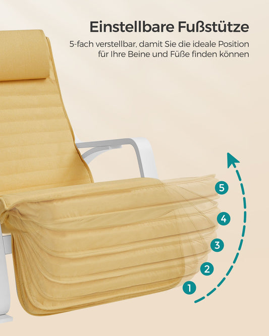 Schaukelstuhl, Schaukelsessel, Schaukelstuhl Stillen, 5-Fach verstellbare Fußstütze, mit Armlehnen, Pastellgelb-weiß, SONGMICS, 1