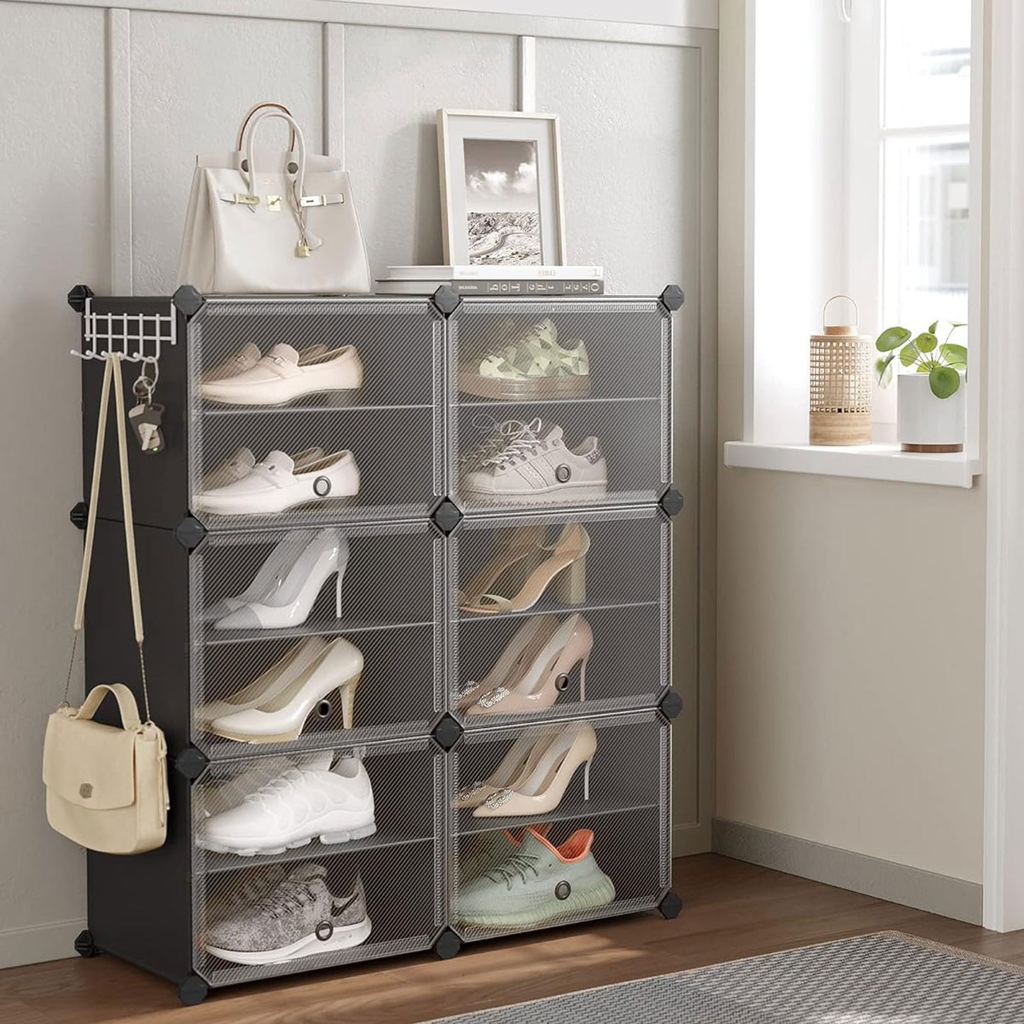 Schuhregal mit 6 Fächern, Schuhschrank, schmal, mit Türen, Stahlrahmen