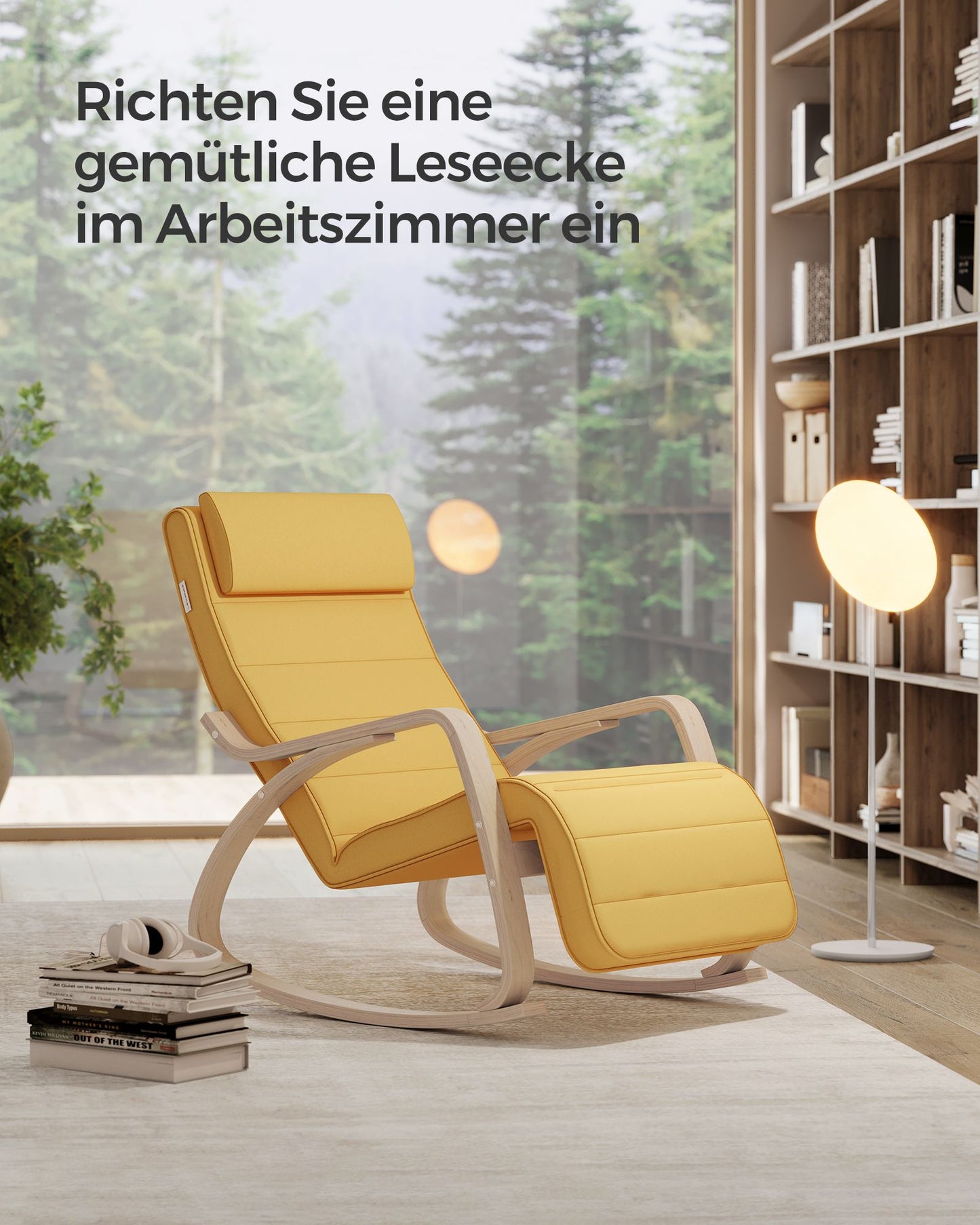 Schaukelstuhl, Schaukelsessel, Schaukelstuhl Stillen, 5-Fach verstellbare Fußstütze, mit Armlehnen Pastellgelb-naturfarben, SONGMICS, 6