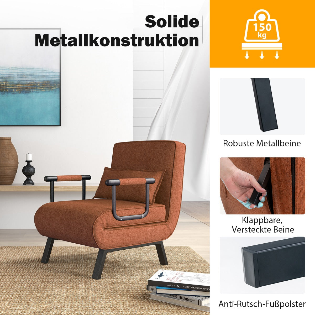 Schlafsofa, Schlafsessel, Cabrio-Schlafsofa, Klappsessel, Schlafcouch, Sofabett, 5-Positionen-Liegestuhl Kaffee, Costway, 6