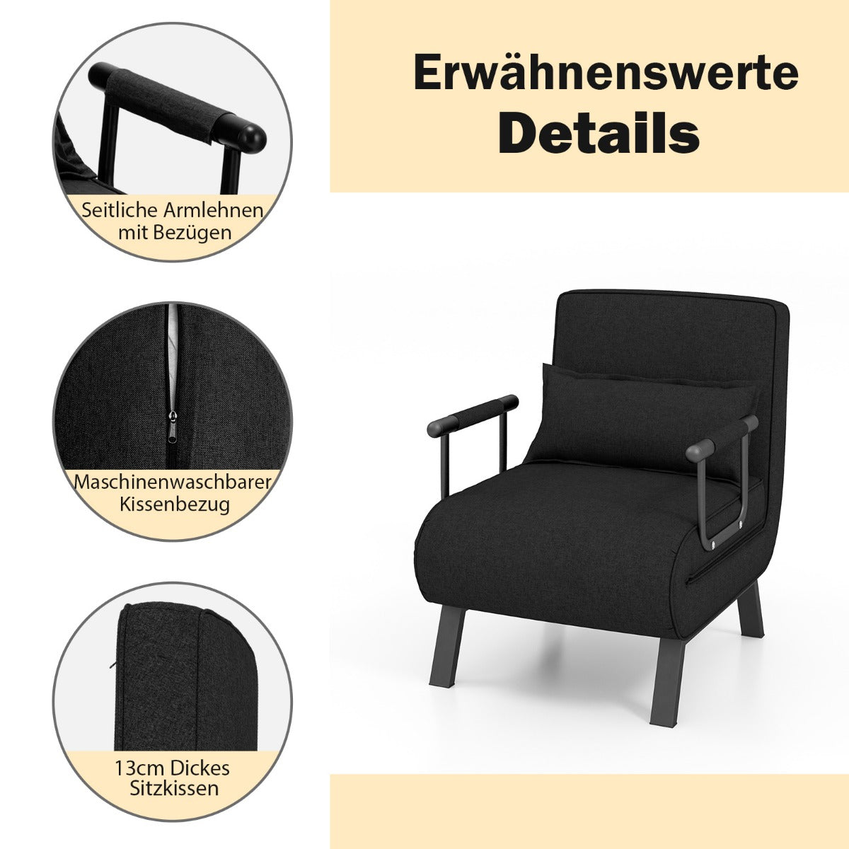 Schlafsofa, Sessel mit Schlaffunktion, Schlafsessel mit Bettfunktion, Klappsofa, mit verstellbarer Rückenlehne, Costway, 6