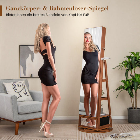 Schmuckschrank, Schmuckaufbewahrung, Schmuckschrank 360° drehbar Spiegelschrank mit Ganzkörperspiegel Braun, Costway, 4