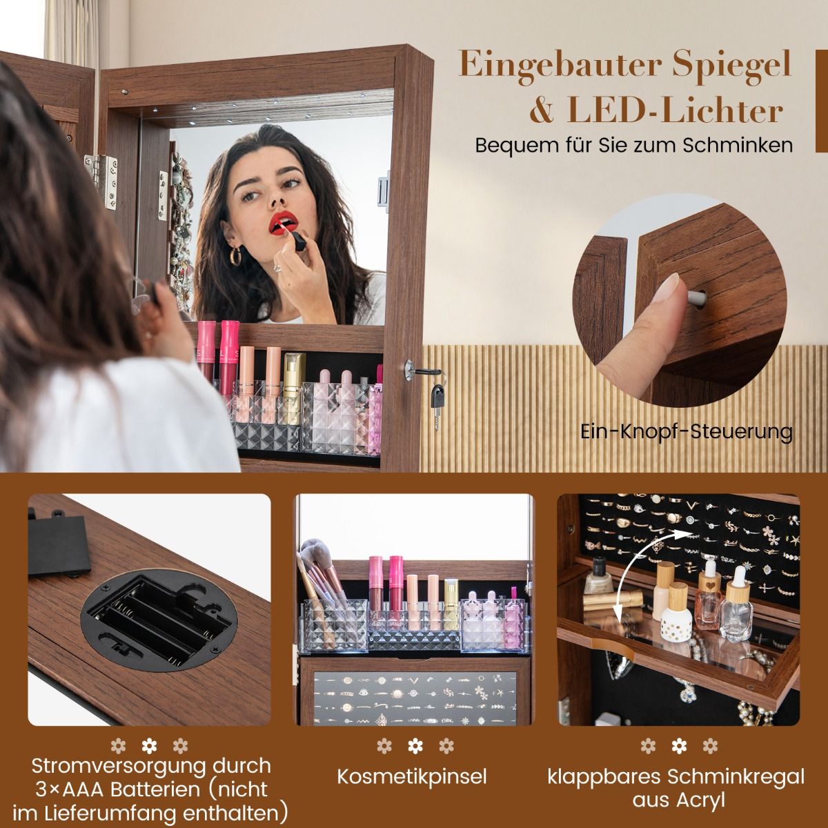 Schmuckschrank, Schmuckaufbewahrung, Schmuckschrank 360° drehbar Spiegelschrank mit Ganzkörperspiegel Braun, Costway, 6