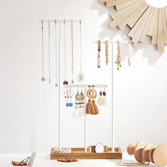 Schmuckständer, 2-in-1, Schmuckhalter, Kettenständer, 3 T-Stangen aus Metall, mit Löchern, Tablett, Braun Weiß, SONGMICS, 2