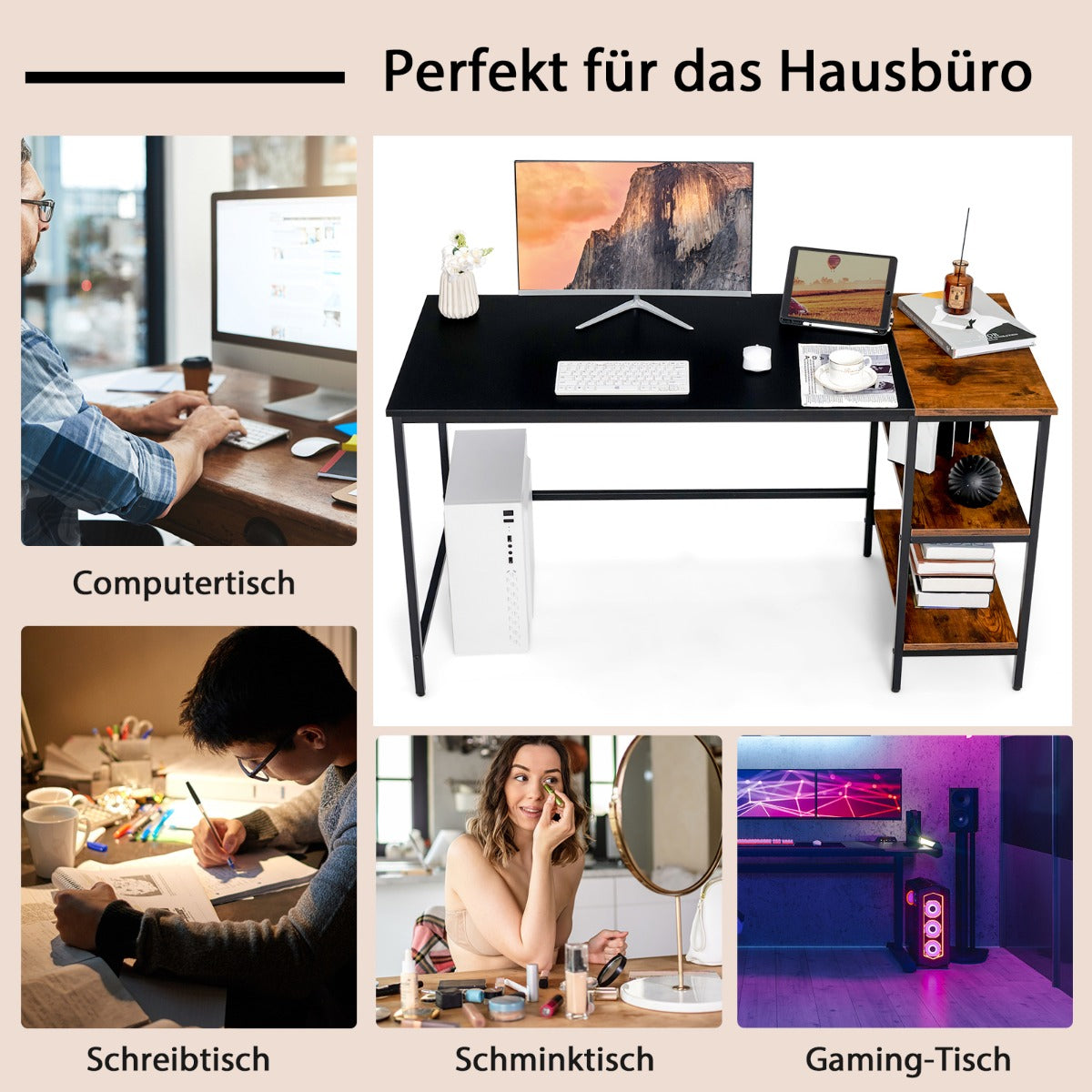 Schreibtisch, Computertisch, PC Schreibtisch, Computer Schreibtisch, Schreibtisch mit Stauraum, Bürotisch, Holz, Costway, 3