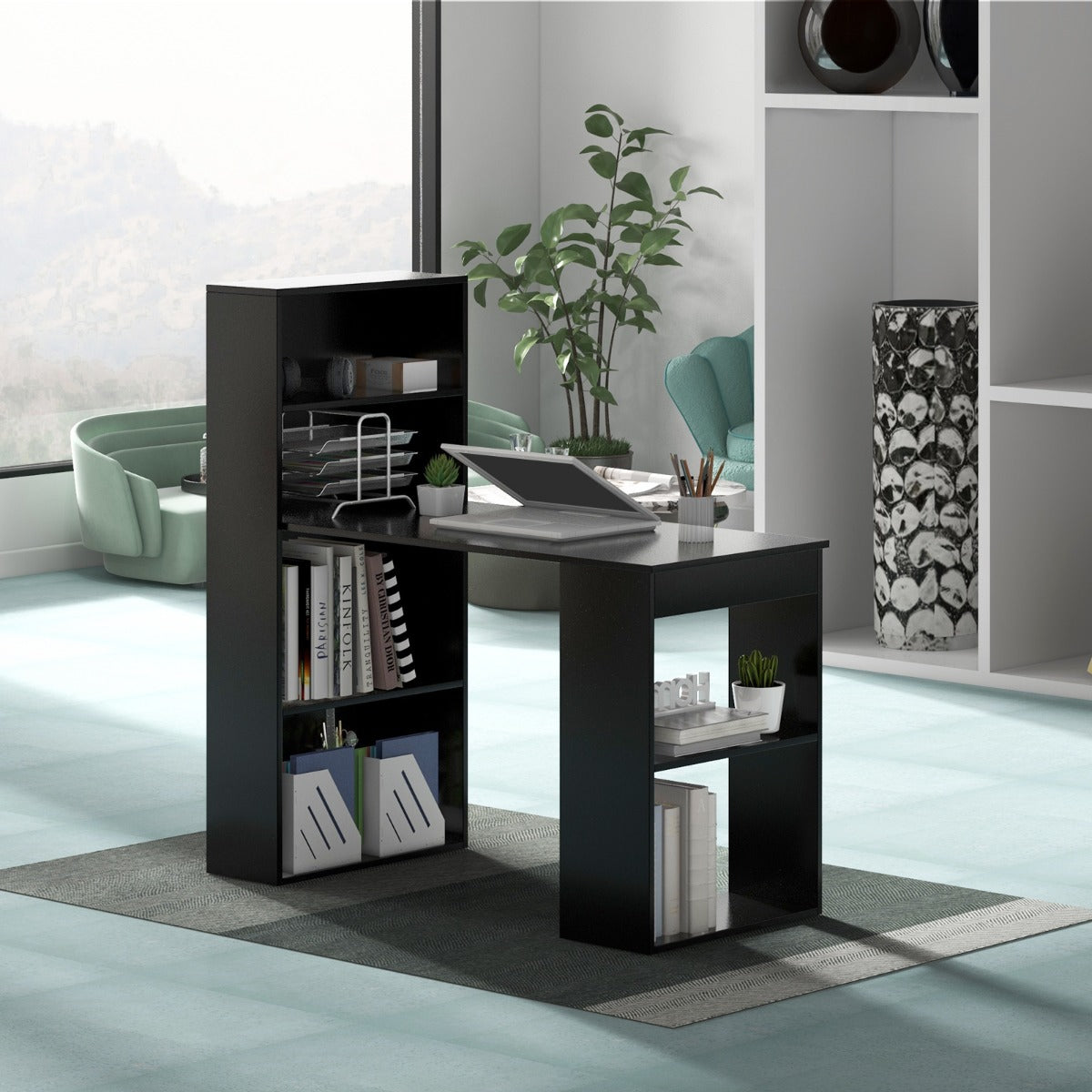 Schreibtisch, Computertisch, PC Tisch, Schreibtisch mit Stauraum, PC Schreibtisch, mit Bücherregal, mit 6 Regalen, Costway, 2