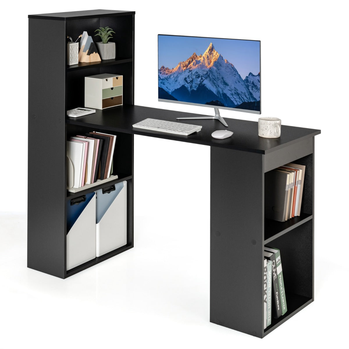 Schreibtisch, Computertisch, PC Tisch, Schreibtisch mit Stauraum, PC Schreibtisch, mit Bücherregal, mit 6 Regalen, Costway, 3
