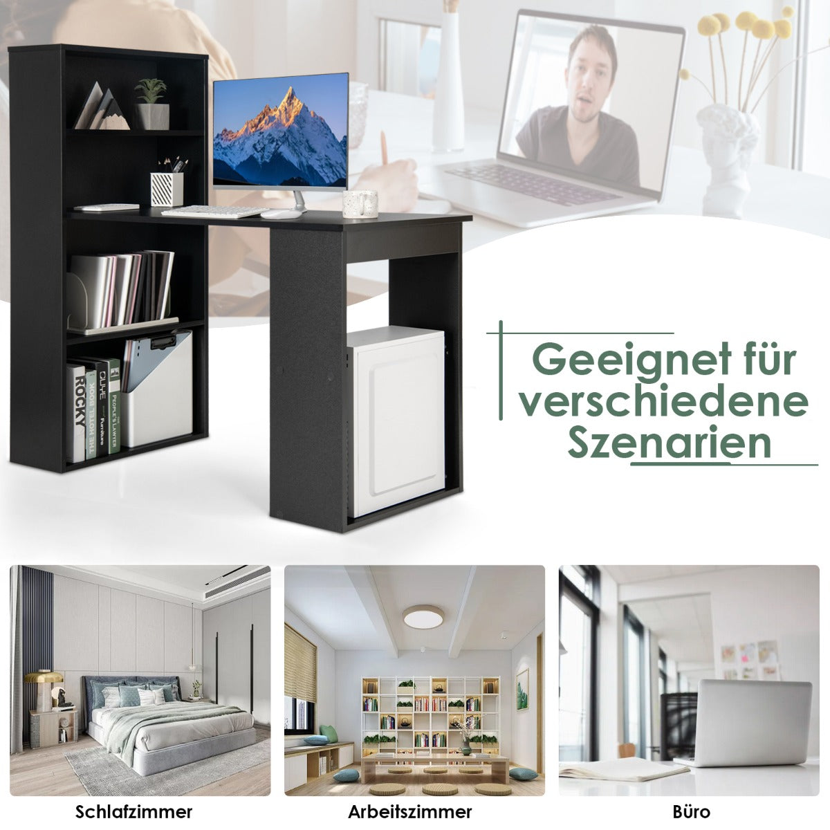 Schreibtisch, Computertisch, PC Tisch, Schreibtisch mit Stauraum, PC Schreibtisch, mit Bücherregal, mit 6 Regalen, Costway, 4