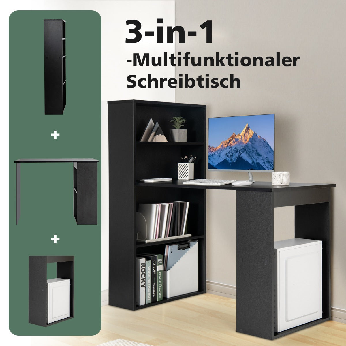 Schreibtisch, Computertisch, PC Tisch, Schreibtisch mit Stauraum, PC Schreibtisch, mit Bücherregal, mit 6 Regalen, Costway, 5