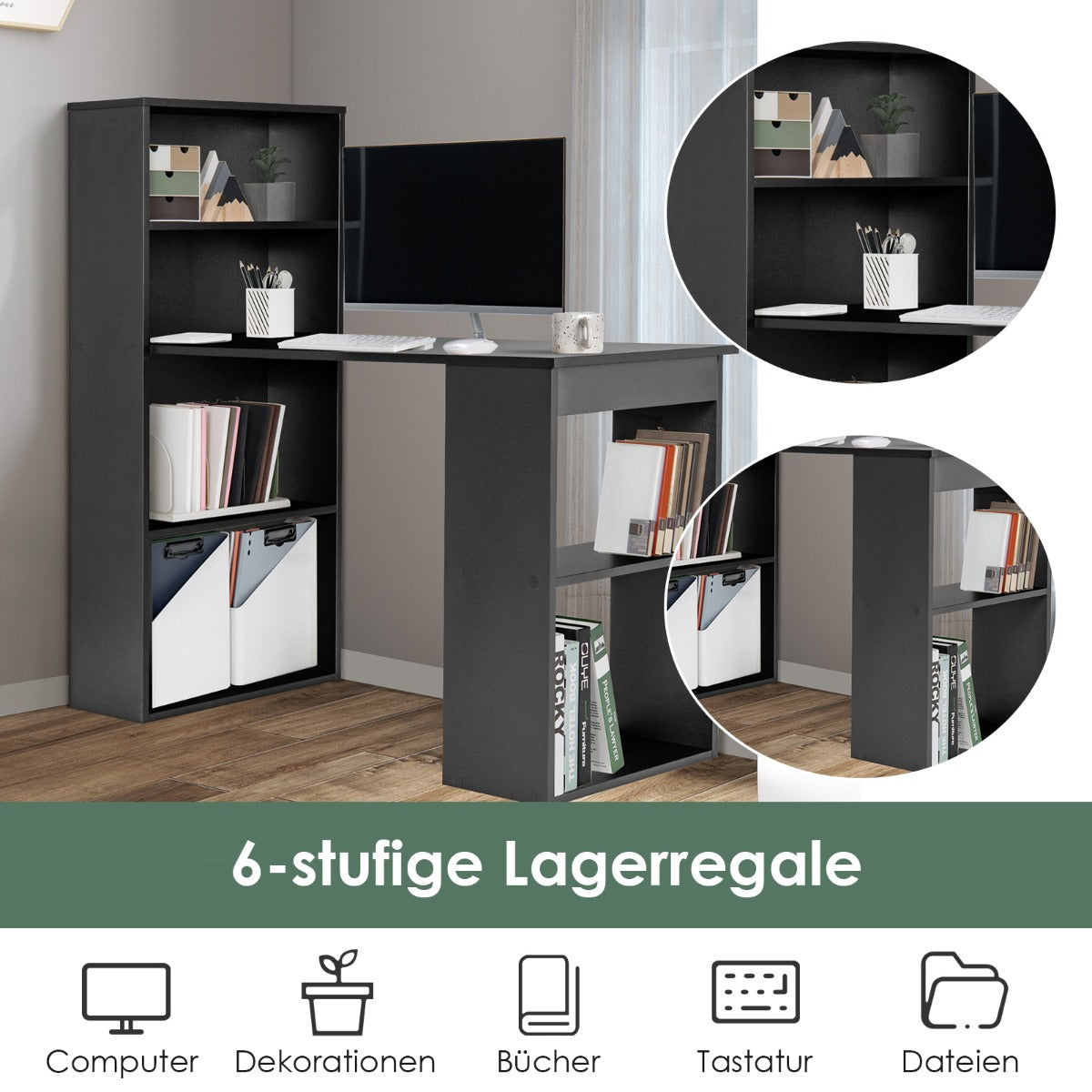 Schreibtisch, Computertisch, PC Tisch, Schreibtisch mit Stauraum, PC Schreibtisch, mit Bücherregal, mit 6 Regalen, Costway, 6