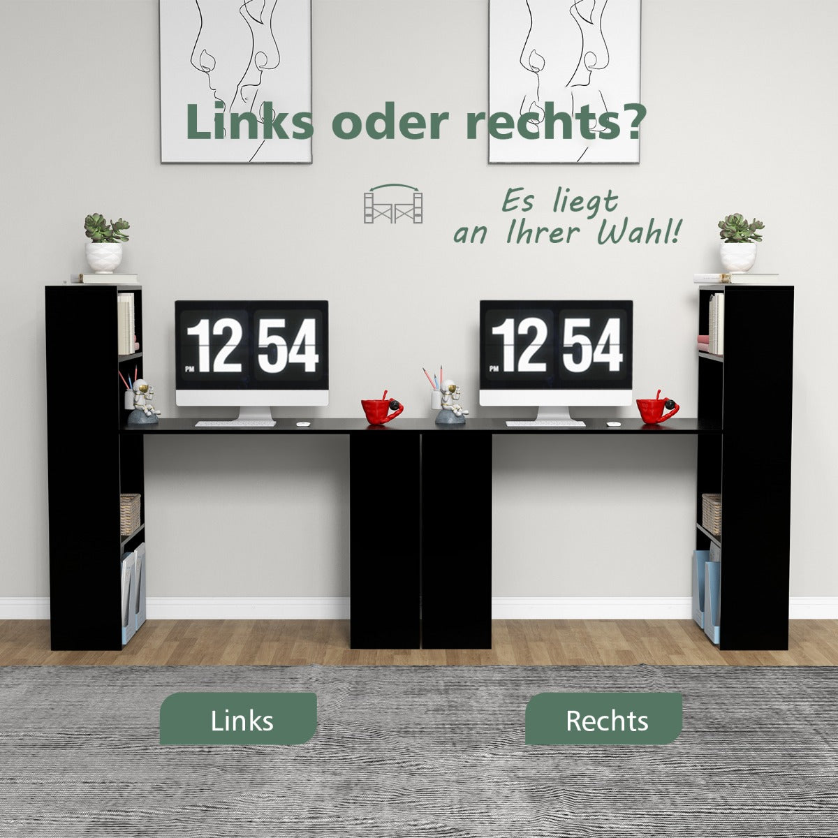 Schreibtisch, Computertisch, PC Tisch, Schreibtisch mit Stauraum, PC Schreibtisch, mit Bücherregal, mit 6 Regalen, Costway, 8