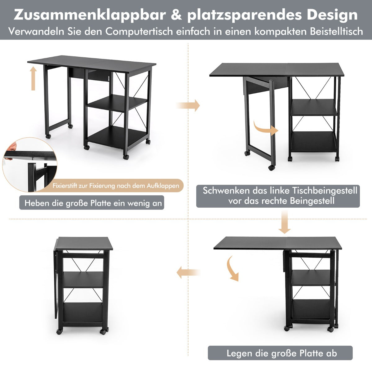 Schreibtisch, Computertisch, PC Tisch, Schreibtisch mit Stauraum, Schreibtisch Klappbar, mit 6 Rädern, Costway, 2