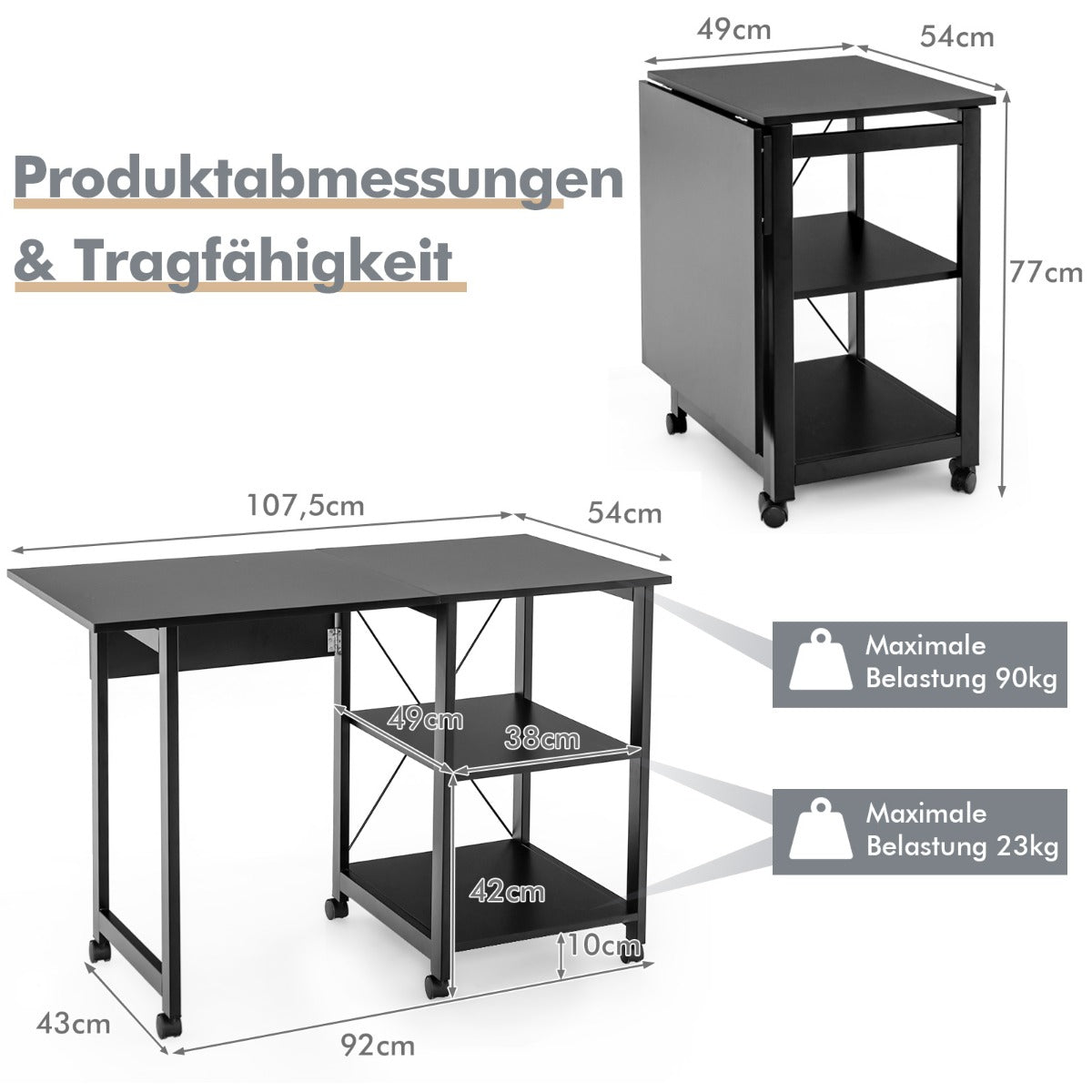 Schreibtisch, Computertisch, PC Tisch, Schreibtisch mit Stauraum, Schreibtisch Klappbar, mit 6 Rädern, Costway, 7