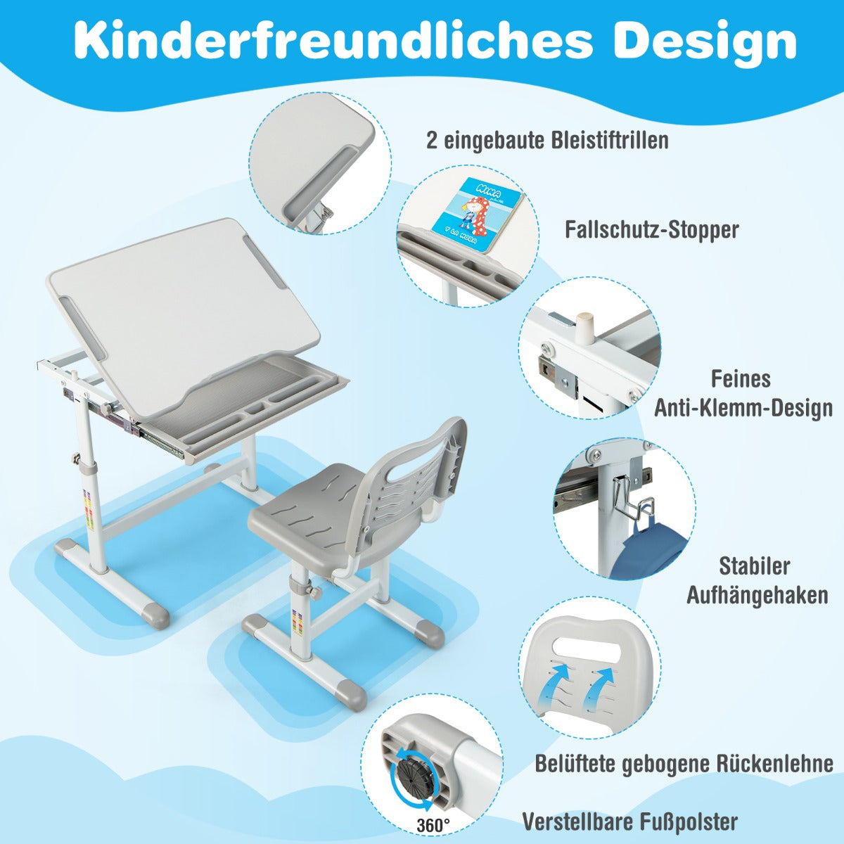 Schreibtisch Kinder, Höhenverstellbar Kinderschreibtisch Set, mit Neigbarer Tischplatte, Tisch, Stuhl, Costway, 7