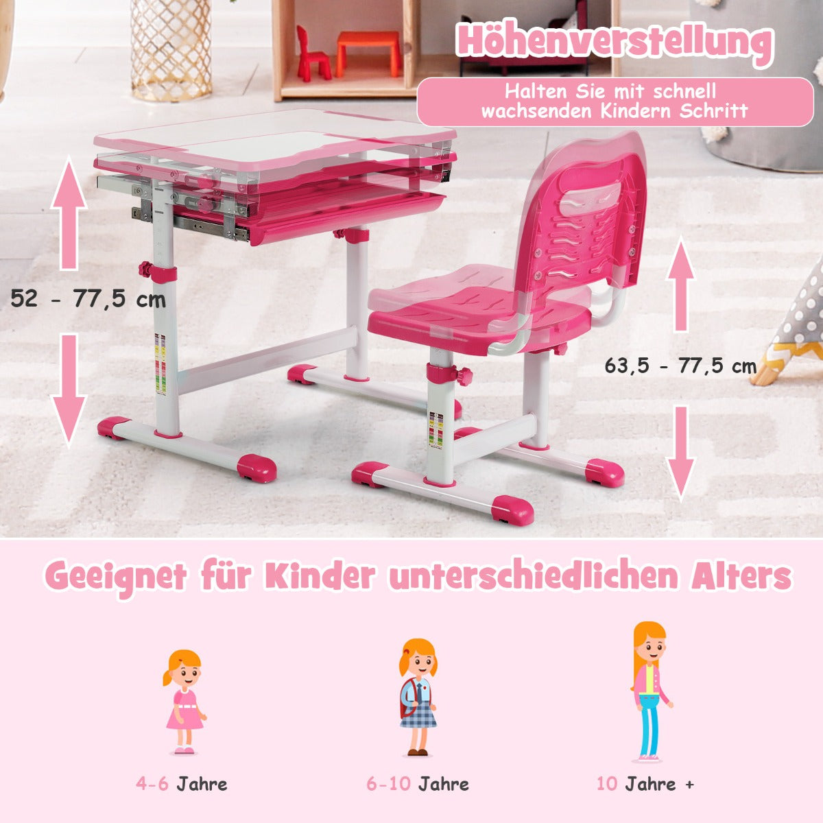Schreibtisch Kinder, Höhenverstellbares Kinderschreibtisch Set, Stuhl, Tisch, mit Neigbarer Tischplatte, Costway, 3