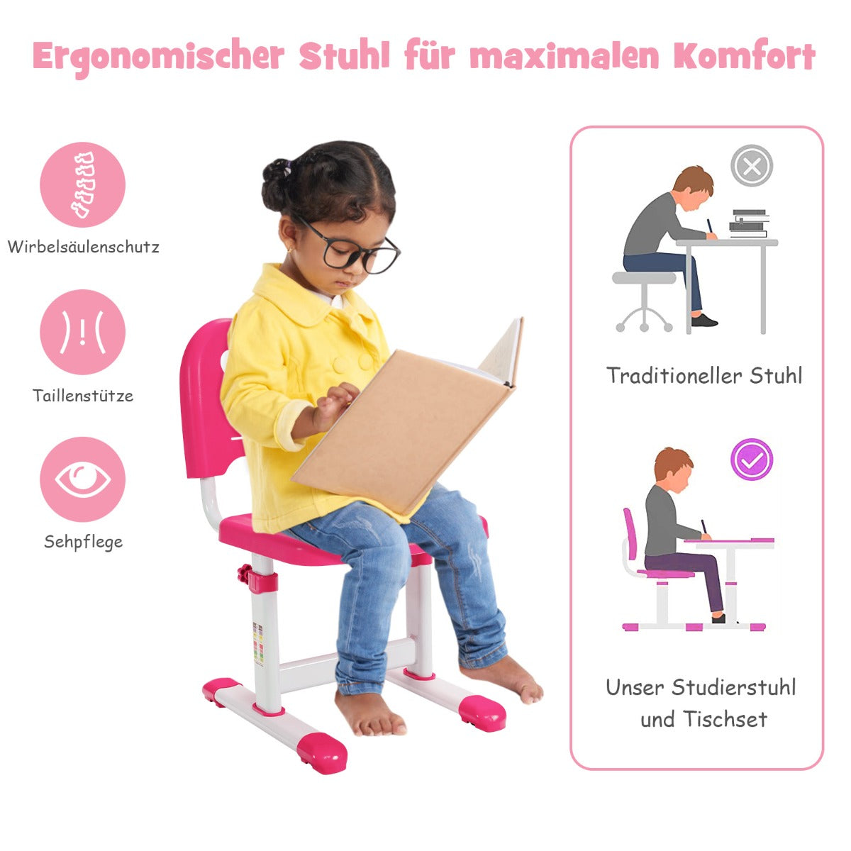 Schreibtisch Kinder, Höhenverstellbares Kinderschreibtisch Set, Stuhl, Tisch, mit Neigbarer Tischplatte, Costway, 7