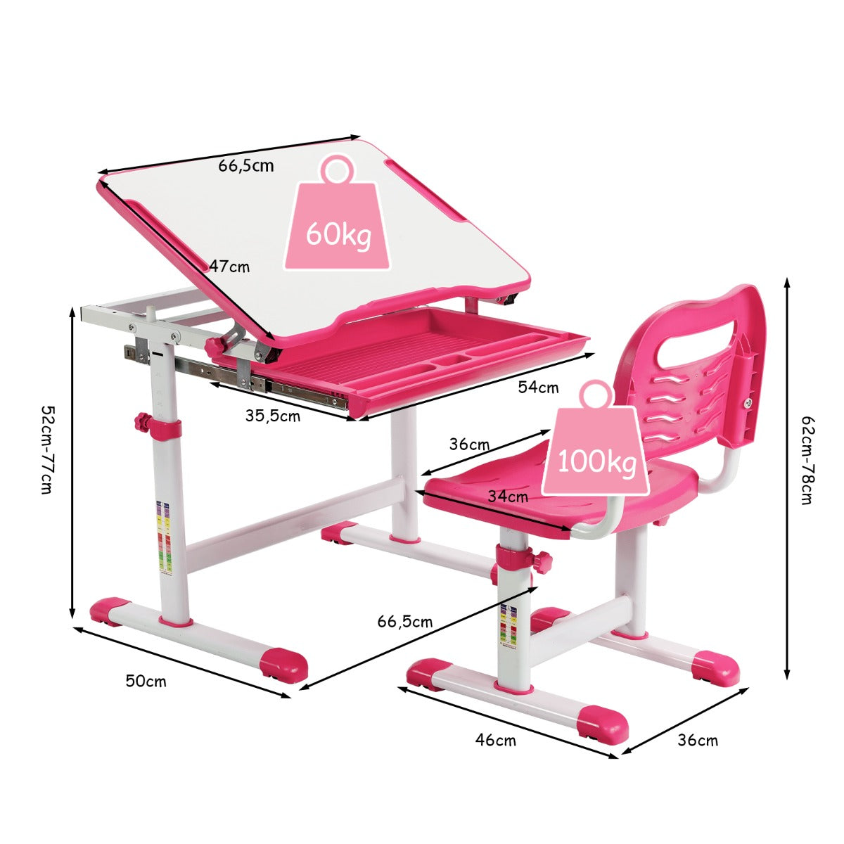 Schreibtisch Kinder, Höhenverstellbares Kinderschreibtisch Set, Stuhl, Tisch, mit Neigbarer Tischplatte, Costway, 8