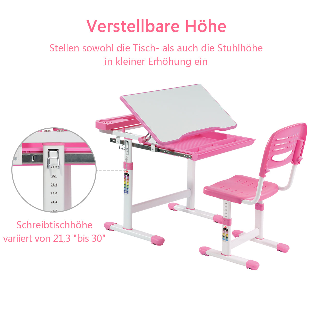 Schreibtisch Kinder, Kinderschreibtisch, Höhenverstellbar, Neigbares Kinderschreibtisch, Jugendschreibtisch, Rosa, Costway, 6