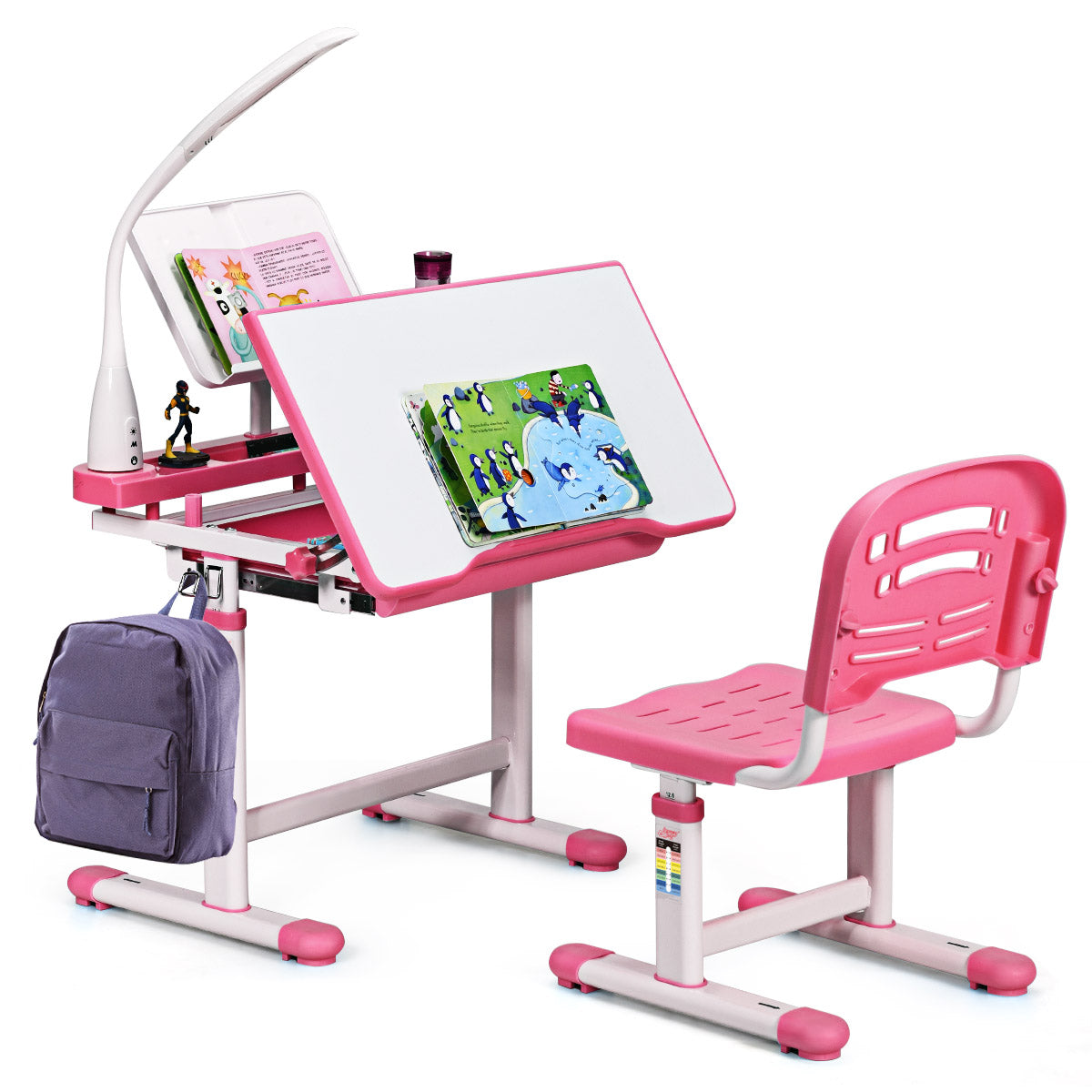 Schreibtisch Kinder, Kindertisch, Kinderschreibtisch Set, Schülerschreibtisch, mit Lampe und Stuhl, Rosa, Costway, 1