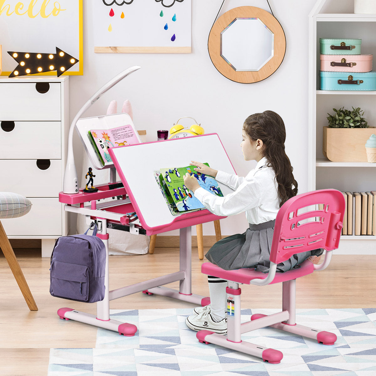 Schreibtisch Kinder, Kindertisch, Kinderschreibtisch Set, Schülerschreibtisch, mit Lampe und Stuhl, Rosa, Costway, 2